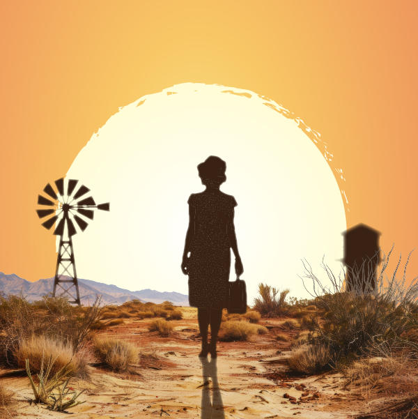silhouette of a woman standing in a desert against the backdrop of the setting sun