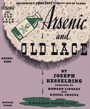 Play cover of Arsenic and Old Lac, with a crocheted doily and a bottle of poison, labeled with a skull and crossbones.