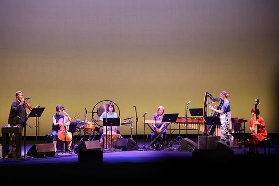 Six members of Silkroad Ensemble onstage during their Uplifted Voices concert at the Center for the Arts.