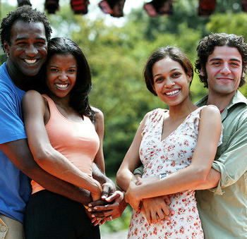 Renee Elise Goldsberry with "Two Gentlemen in Verona" Co-Stars Norm Lewis (far left), Rosario Dawson (right), and Oscar Isaac (far right).