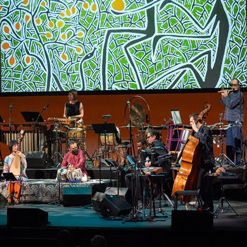 Silkroad Ensemble members perform in front of a colorful projection of abstract trees onstage at the Center for the Arts.