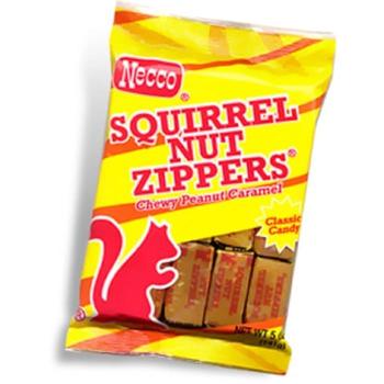 yellow and red-striped bag of caramel candy, reading "Squirrel Nut Zippers: